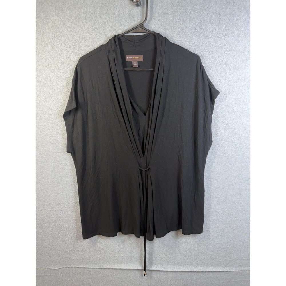 Dana Buchman Blouse Womens XL Black Draped V Neck Tie Waist Dolman Tunic Top